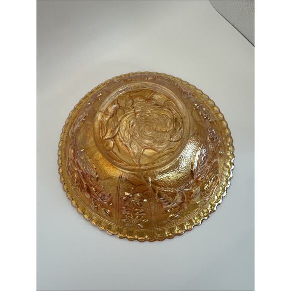 Marigold Carnival Glass Rose Pattern‎ Iridescent Bowl Decorative Vintage Dish 8” - Picture 3 of 9